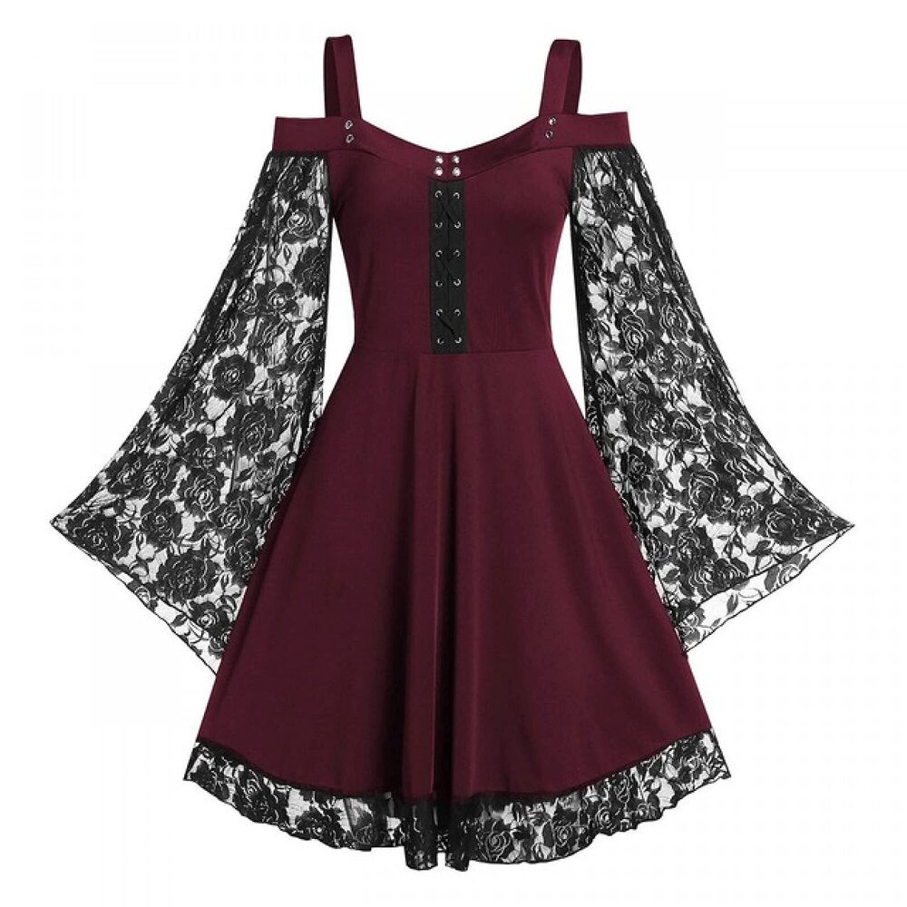 1649 Gothic Vintage Lace Patchwork Dress Plus Size Goth Bandage Spaghetti